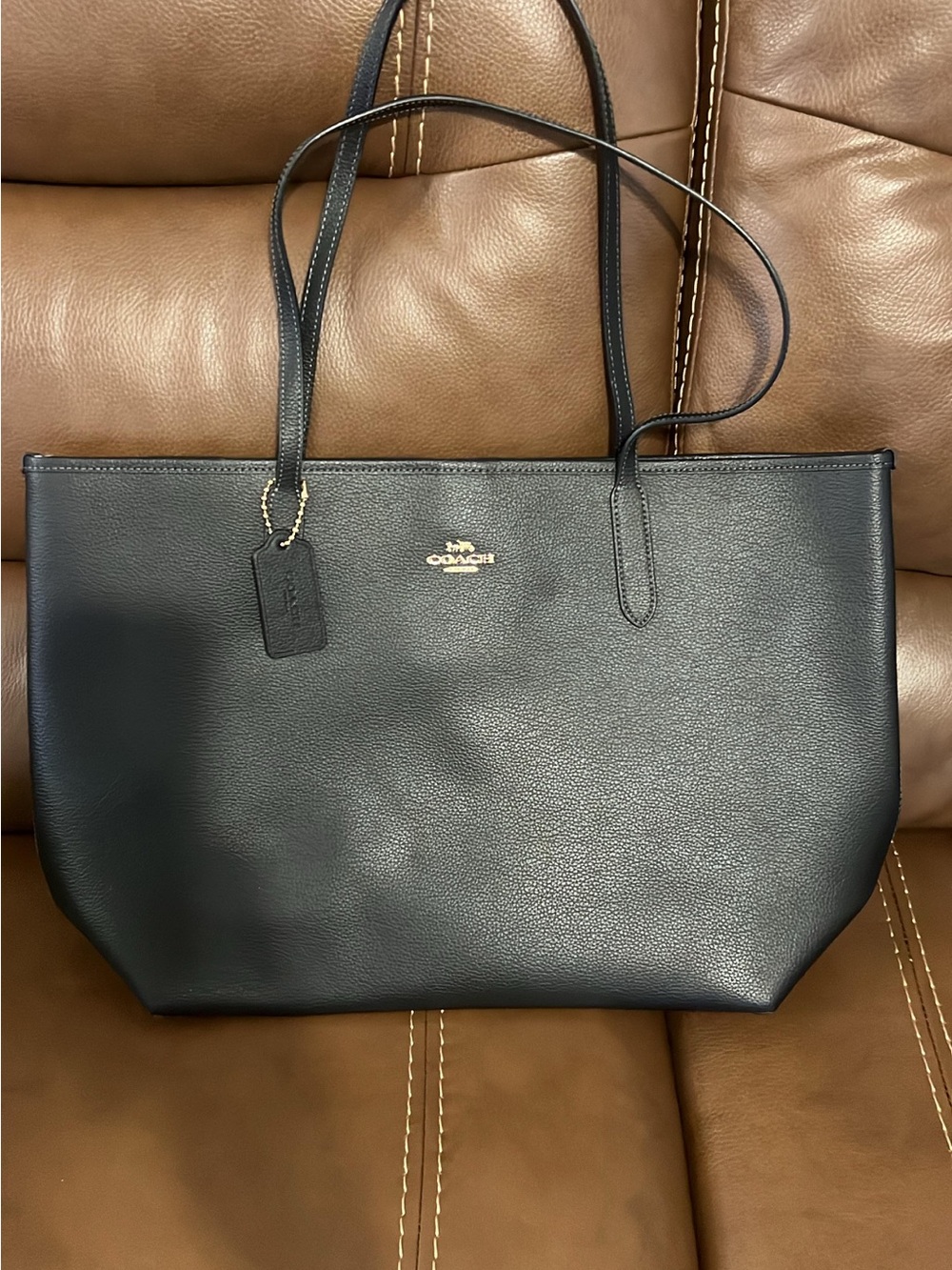 Coach Black Leather Tote with Gold Logo Tag